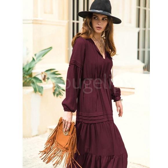 Burgundy Bohemian Maxi Dress Chiffon Neck Ties Long Sleeve Ruffle Hem Flowy - Picture 5 of 10